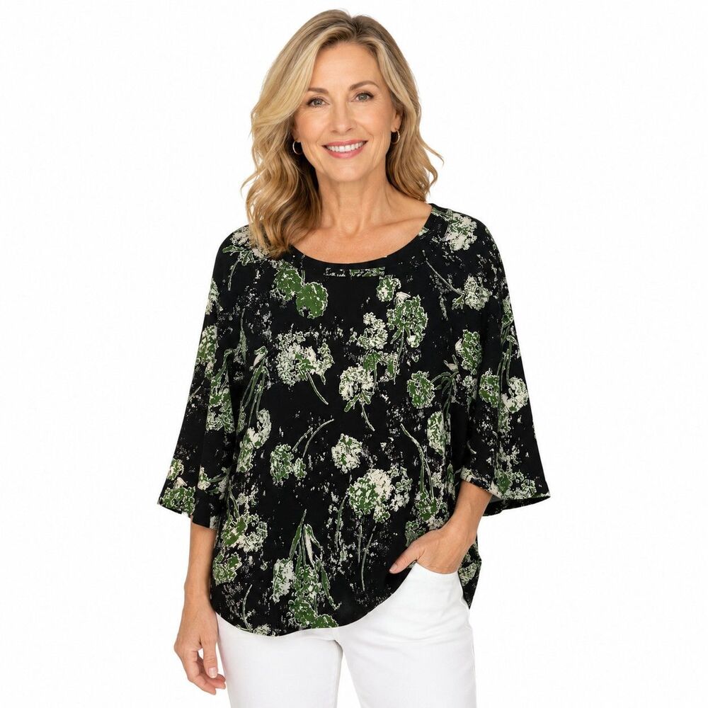 Masai Tunic Blouse Womens Large Black Floral Scoop Neck Kimono 3/4 Sleeve Top